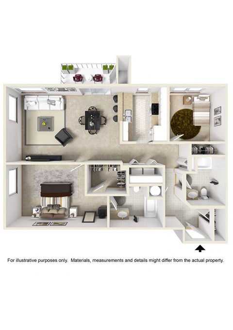 Floor plan for 2 beds, 2 baths, 1036 sqft