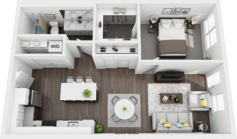 Floor plan for 1 bed, 1 bath, 748 sqft