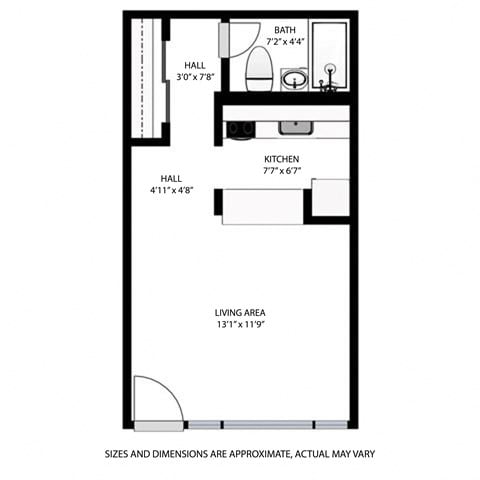 Floor plan for studio, 1 bath, 319 sqft