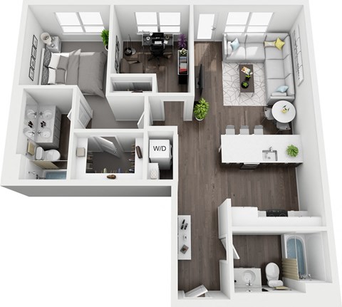 Floor plan for 2 beds, 2 baths, 939 sqft