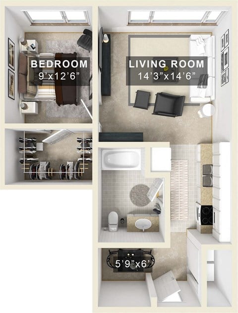 Floor plan for 1 bed, 1 bath, 700 sqft