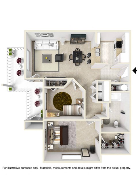 Floor plan for 2 beds, 1 bath, 877 sqft