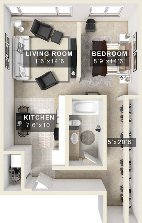 Floor plan for 1 bed, 1 bath, 750 sqft
