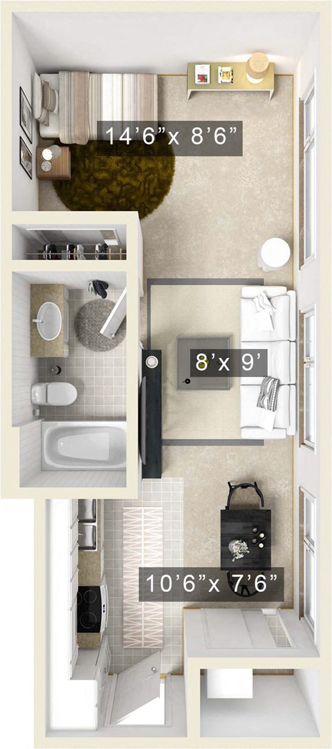 Floor plan for studio, 1 bath, 560 sqft