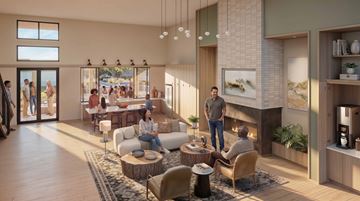 Sumner apartment for rent - A modern living room with a fireplace and people sitting around.