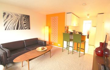 Seattle apartment for rent - a living room and kitchen with a couch and a table