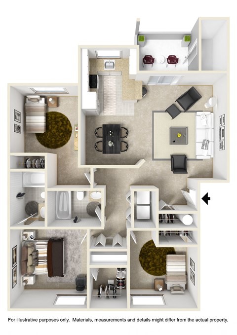 Floor plan for 3 beds, 2 baths, 1159 sqft
