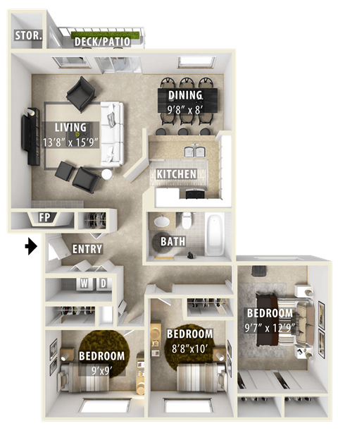 Floor plan for 3 beds, 1 bath, 1021 sqft