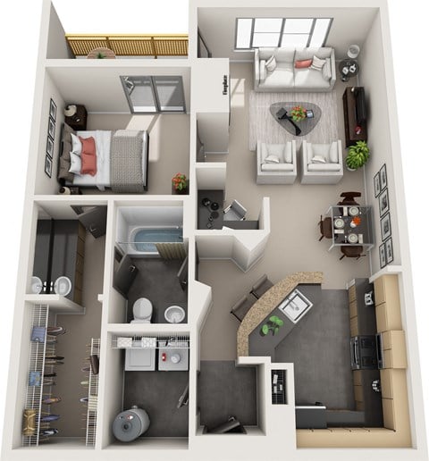 Floor plan for 1 bed, 1 bath, 864 sqft