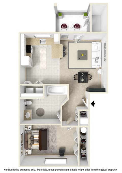 Floor plan for 1 bed, 1 bath, 724 sqft