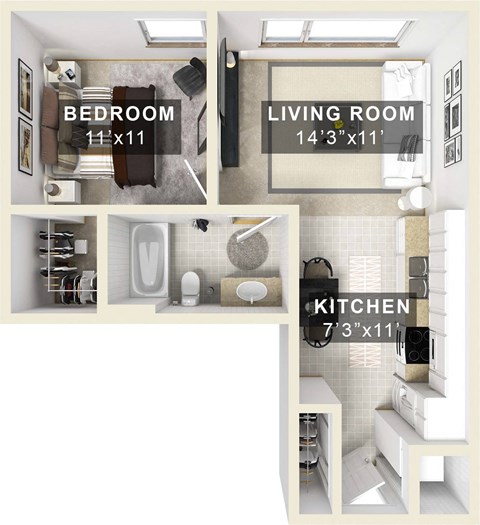 Floor plan for 1 bed, 1 bath, 750 sqft