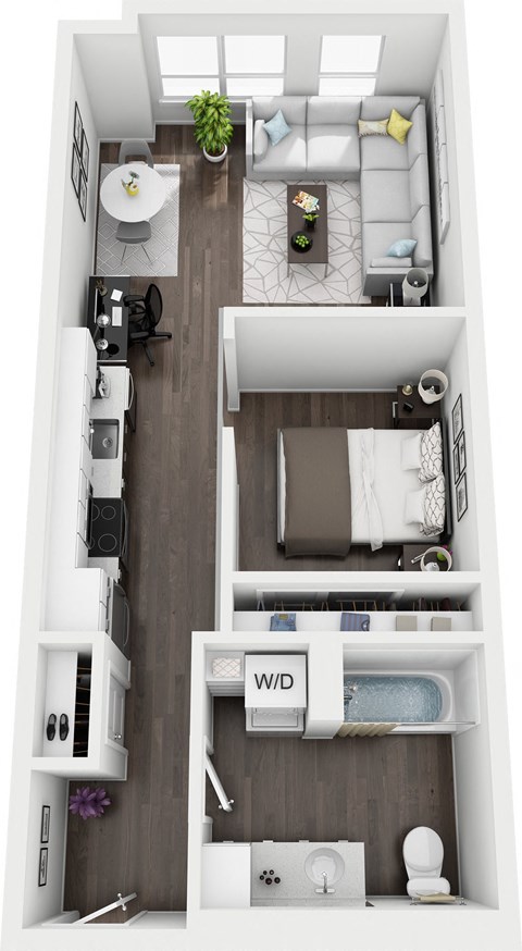 Floor plan for 1 bed, 1 bath, 509 sqft