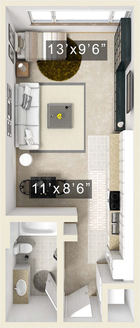 Floor plan for studio, 1 bath, 420 sqft