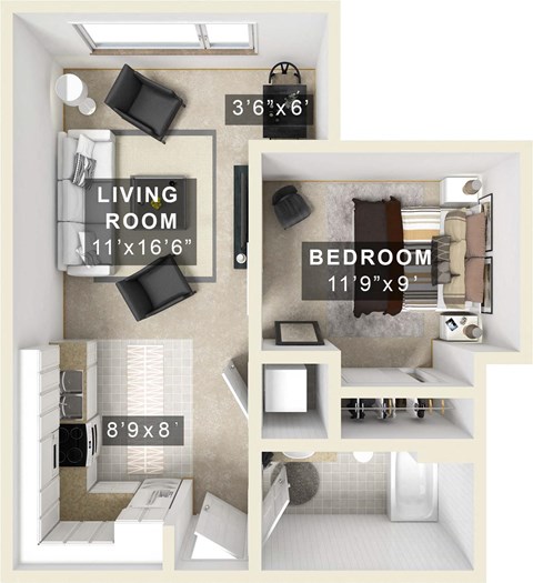 Floor plan for 1 bed, 1 bath, 580 sqft