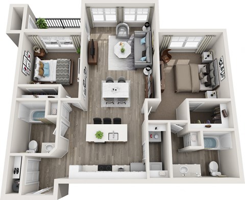 Floor plan for 2 beds, 2 baths, 1053 sqft