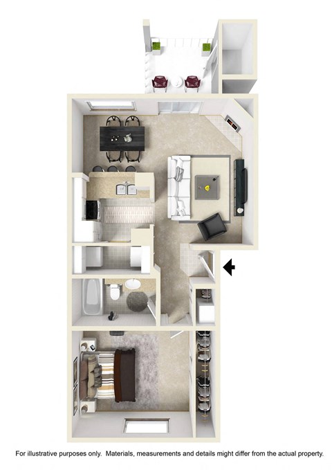 Floor plan for 1 bed, 1 bath, 684 sqft