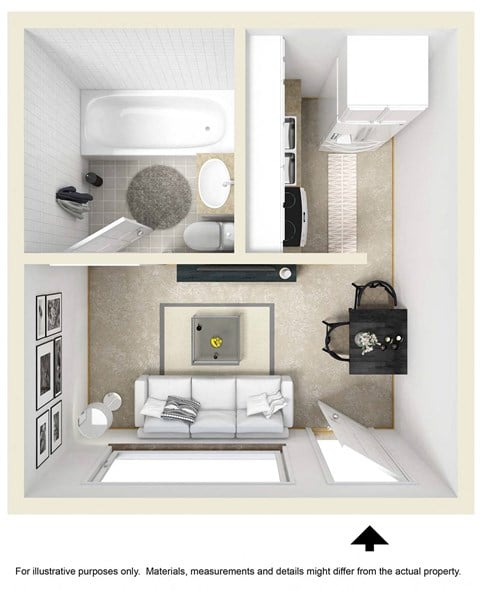 Floor plan for studio, 1 bath, 264 sqft