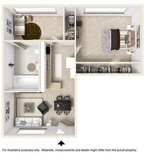 Floor plan for 2 beds, 1 bath, 534 sqft