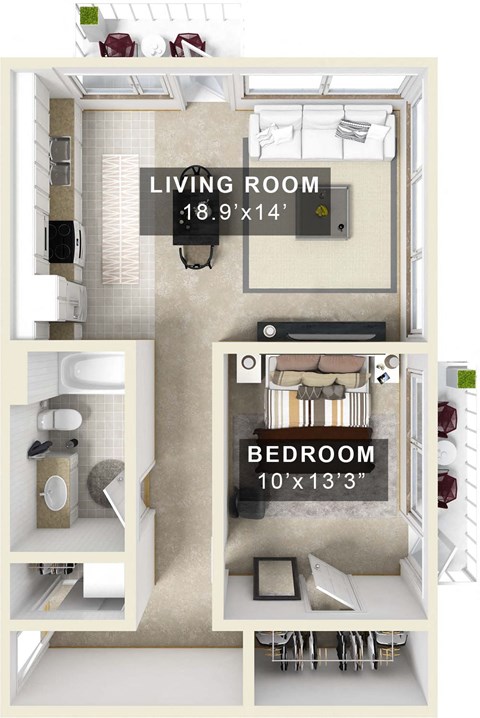 Floor plan for 1 bed, 1 bath, 730 sqft