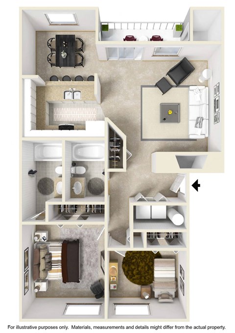 Floor plan for 2 beds, 2 baths, 932 sqft