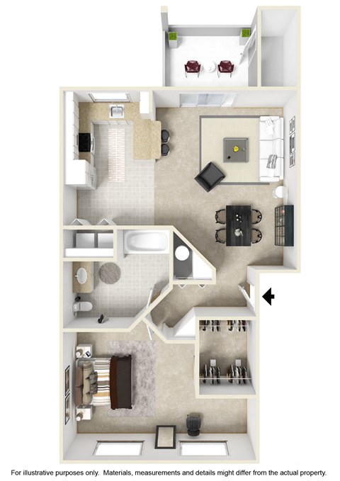 Floor plan for 1 bed, 1 bath, 916 sqft