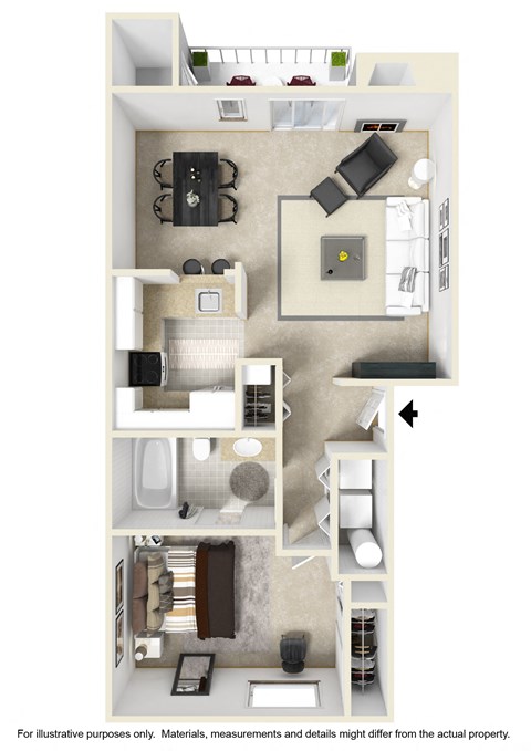 Floor plan for 1 bed, 1 bath, 691 sqft