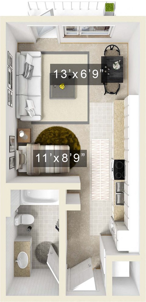 Floor plan for studio, 1 bath, 390 sqft