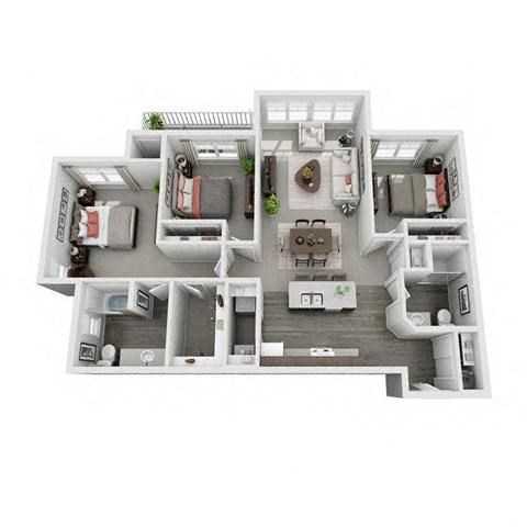 Floor plan for 3 beds, 2 baths, 1139 sqft