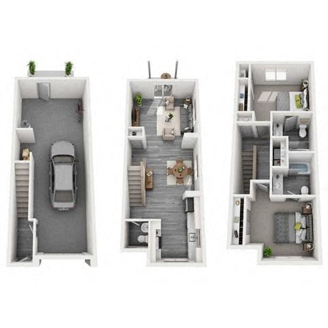 Floor plan for 2 beds, 2.5 baths, 1308 sqft