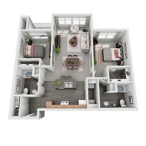 Floor plan for 2 beds, 2 baths, 1023 sqft