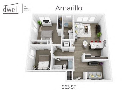 Floor plan for 2 beds, 2 baths, 1029 sqft