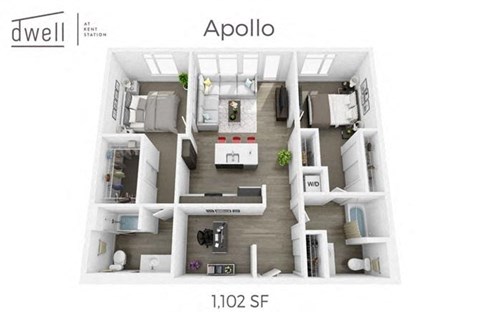 Floor plan for 2 beds, 2 baths, 1102 sqft