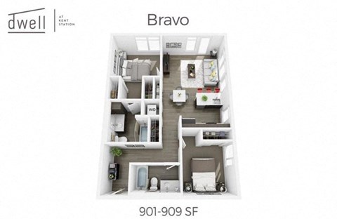 Floor plan for 2 beds, 2 baths, 901 sqft