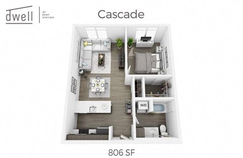 Floor plan for 1 bed, 1 bath, 806 sqft