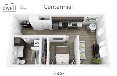 Floor plan for 1 bed, 1 bath, 538 sqft