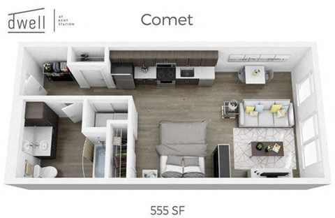Floor plan for studio, 1 bath, 555 sqft