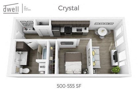 Floor plan for 1 bed, 1 bath, 555 sqft