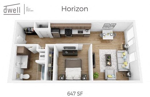 Floor plan for 1 bed, 1 bath, 647 sqft