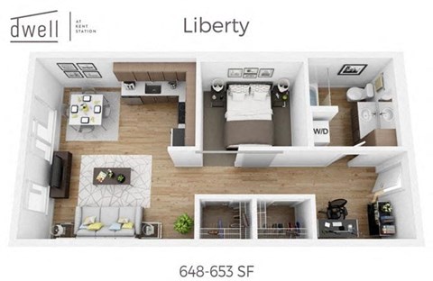 Floor plan for 1 bed, 1 bath, 653 sqft