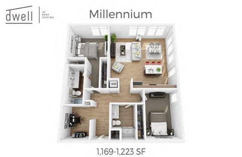 Floor plan for 2 beds, 2 baths, 1169 sqft