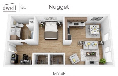 Floor plan for studio, 1 bath, 647 sqft