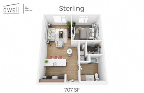Floor plan for 1 bed, 1 bath, 707 sqft