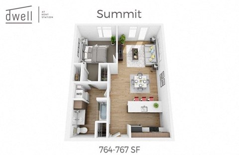Floor plan for 1 bed, 1 bath, 764 sqft