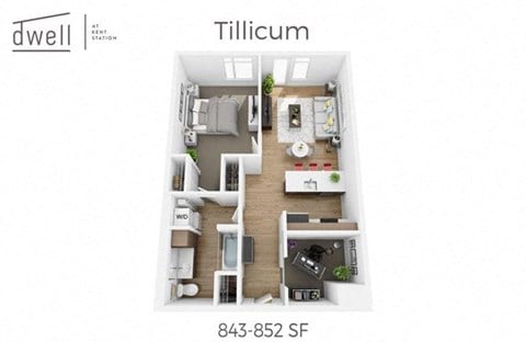 Floor plan for 1 bed, 1 bath, 852 sqft