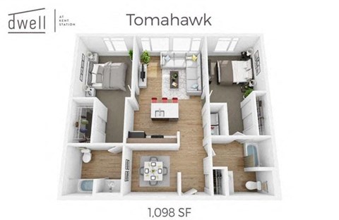 Floor plan for 2 beds, 2 baths, 1098 sqft