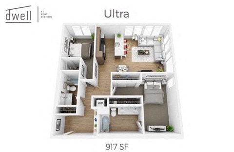 Floor plan for 2 beds, 2 baths, 917 sqft