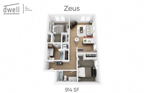 Floor plan for 2 beds, 2 baths, 914 sqft
