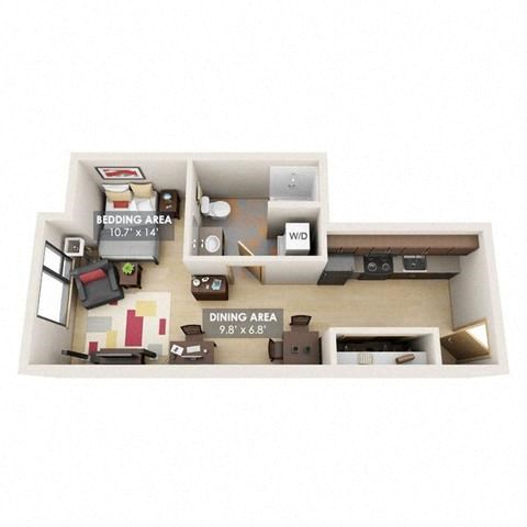 Floor plan for studio, 1 bath, 384 sqft
