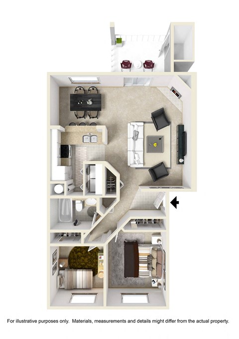 Floor plan for 2 beds, 1 bath, 818 sqft