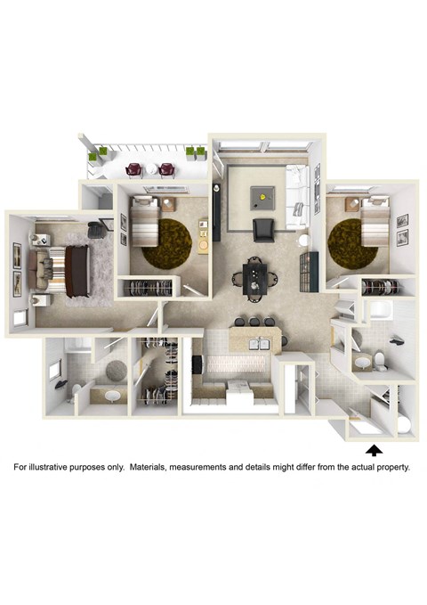 Floor plan for 3 beds, 2 baths, 1152 sqft